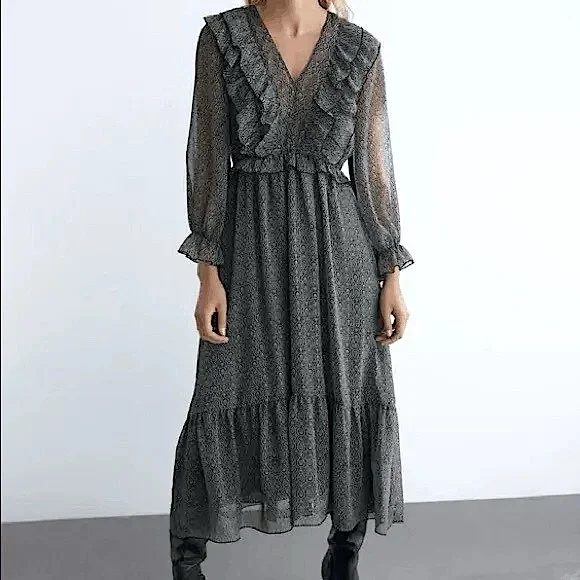 zara midi dress with ruffles Zara - Flowy Ruffled Midi Dress - Black - M